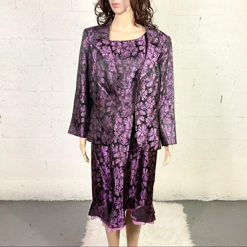 NEW Nipon Boutique Onyx Purple Metallic Floral Dress Jacket Matching Set 16